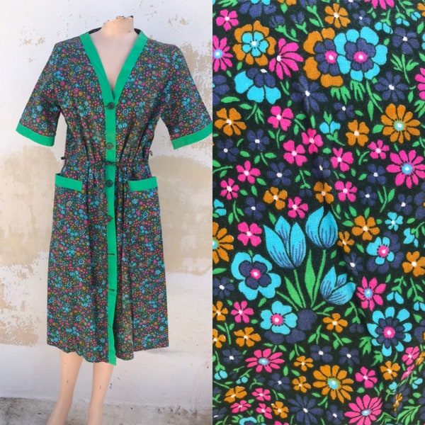 70s vintage colorful ditsy floral grandma’s-home-utility - grunge styled, belted dress with thick green trim. Cotton, unused, made in Greece