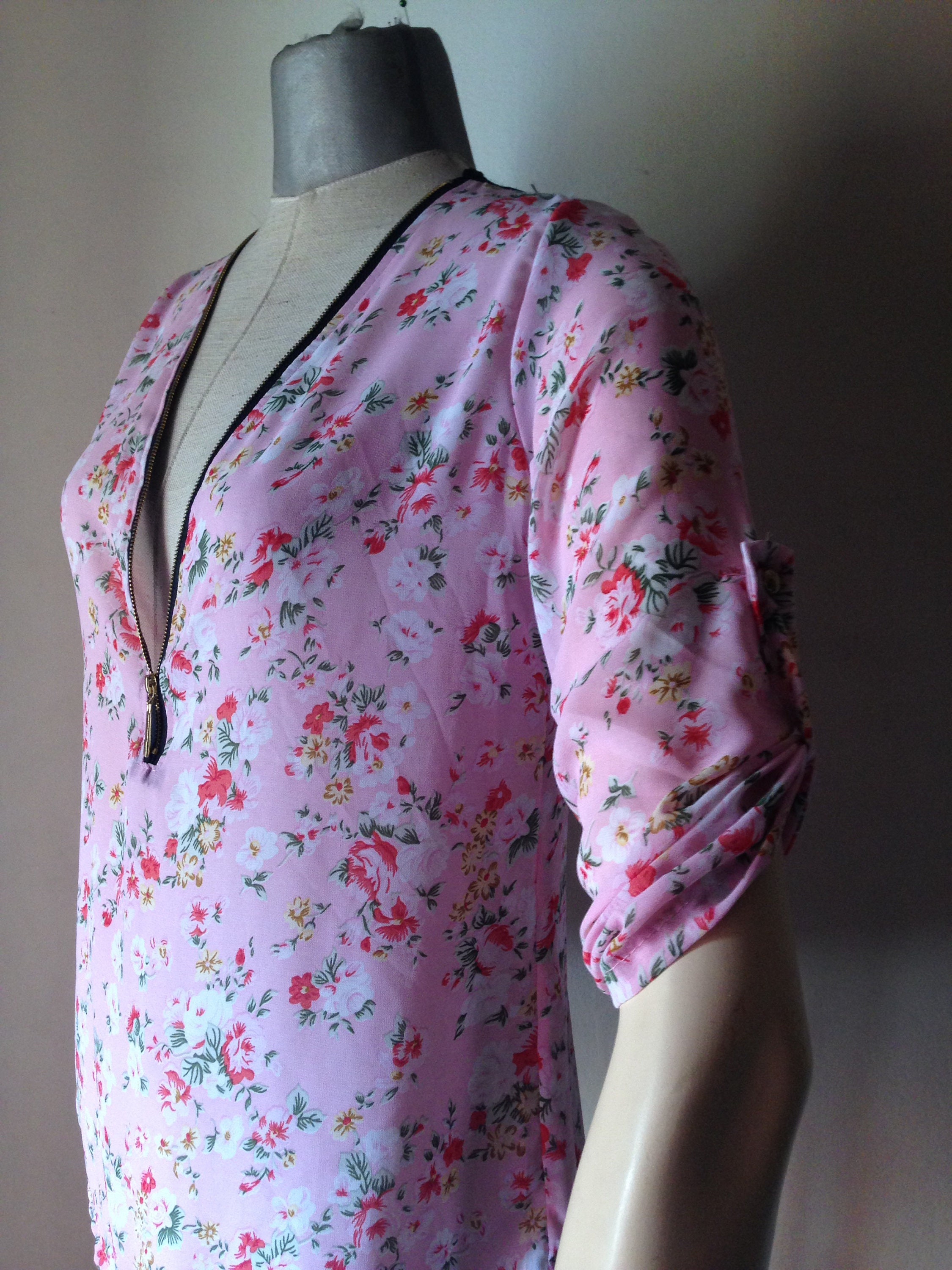 90s Vintage Zip up Mixed Fabric Top With Lace Panel at Back
