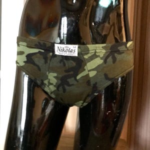 Retro underwear for men, 80s vintage all cotton, in camo design men’s briefs and in khaki green & black. Brand new, made in Greece