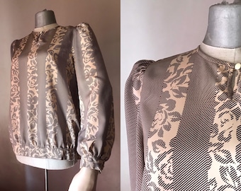 70s vintage sand beige/creamy loose blouse with keyhole neckline, puffy shoulders, striped/roses floral pattern by Ninette of Melbourne