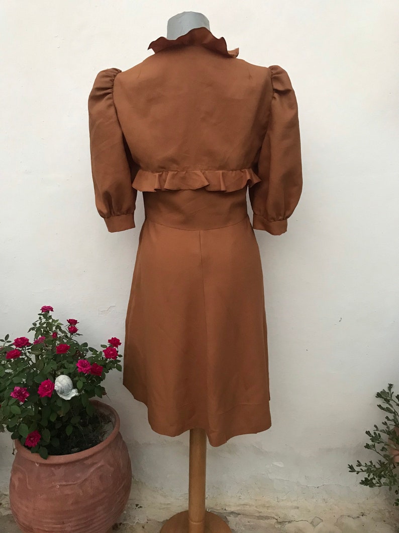May include: A brown dress with a ruffled collar and sleeves. The dress has a fitted bodice and a flared skirt.