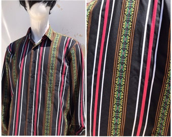 Men's 70s vintage woven, colorful shirt features striped & tribal designs, long cuff sleeves in bohemian, hippie style, made in Greece
