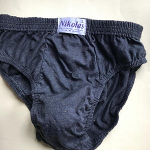 Retro underwear for men, 80s vintage all cotton, solid anthrax gray men’s briefs with tiny orange dots. Brand new, made in Greece, size smal