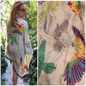 Parrot printed long, satiny colorful scarf, shawl 90s vintage features various parrot spices. You may use it as a pareo as well