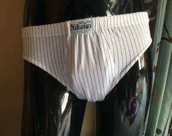 Blue thin vertical striped printed underwear for men, 80s vintage all cotton, men’s briefs made in Greece. Brand new, dead stock
