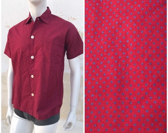 80s vintage polka dot cotton shirt for men with short sleeves in crimson red and in pajama style, by Derek Rose, England