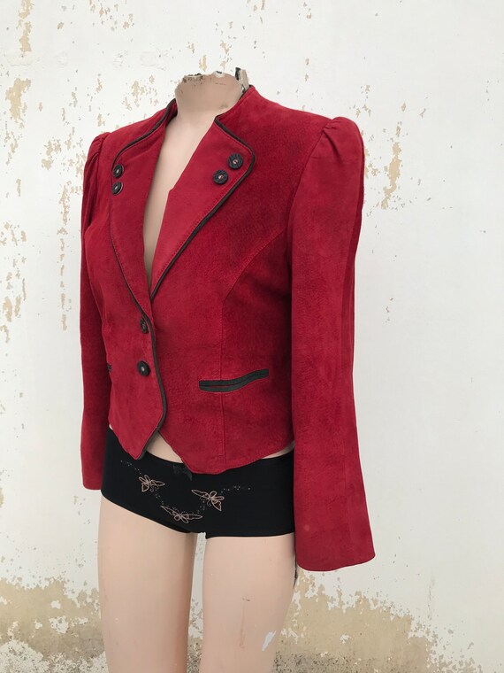 Red suede leather 80s cropped bolero blazer with … - image 4