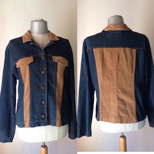 Blau / schwarze Jeansjacke mit hellbraunen Cordeinsätzen, von 1980