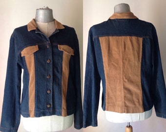 Blue/black denim jacket with light brown corduroy panels, from 1980