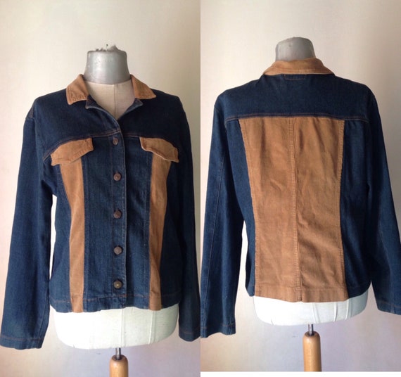 Blue/black denim jacket with light brown corduroy… - image 1