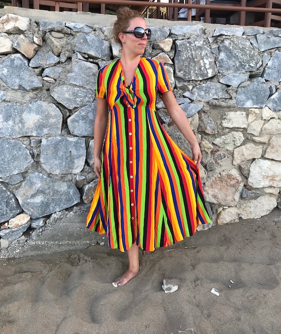 Long Colorful Multiple Striped Sun Dress, 90s Does 70s Boho