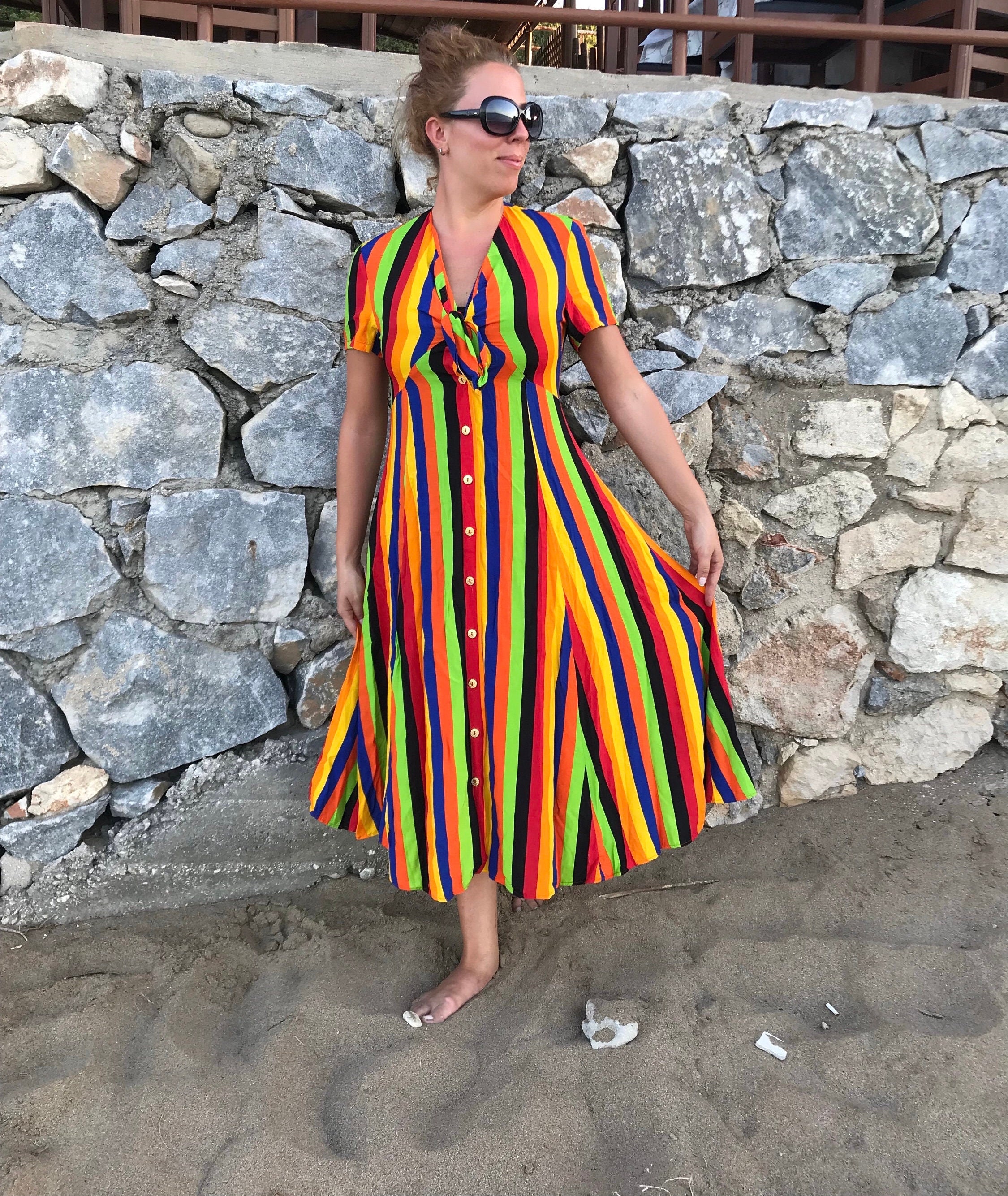 Long Colorful Multiple Striped Sun Dress, 90s Does 70s Boho