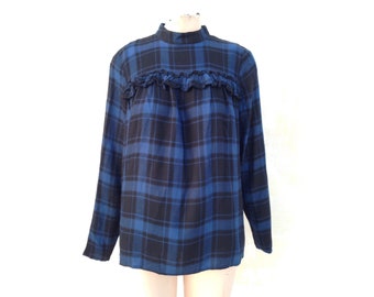 Blue-black checkered blouse from 1980 with ruffled bust and mock neckline