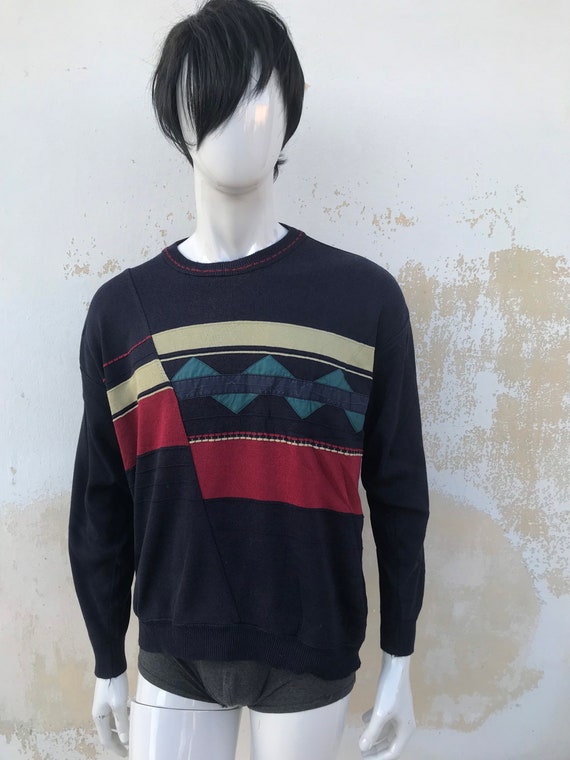 80s vintage dark blue mens retro knitted sweater/… - image 1