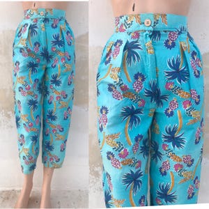 Pineapple printed light blue early 80s vintage high waisted tapered, baggy cotton pants, So 80s it hurts!