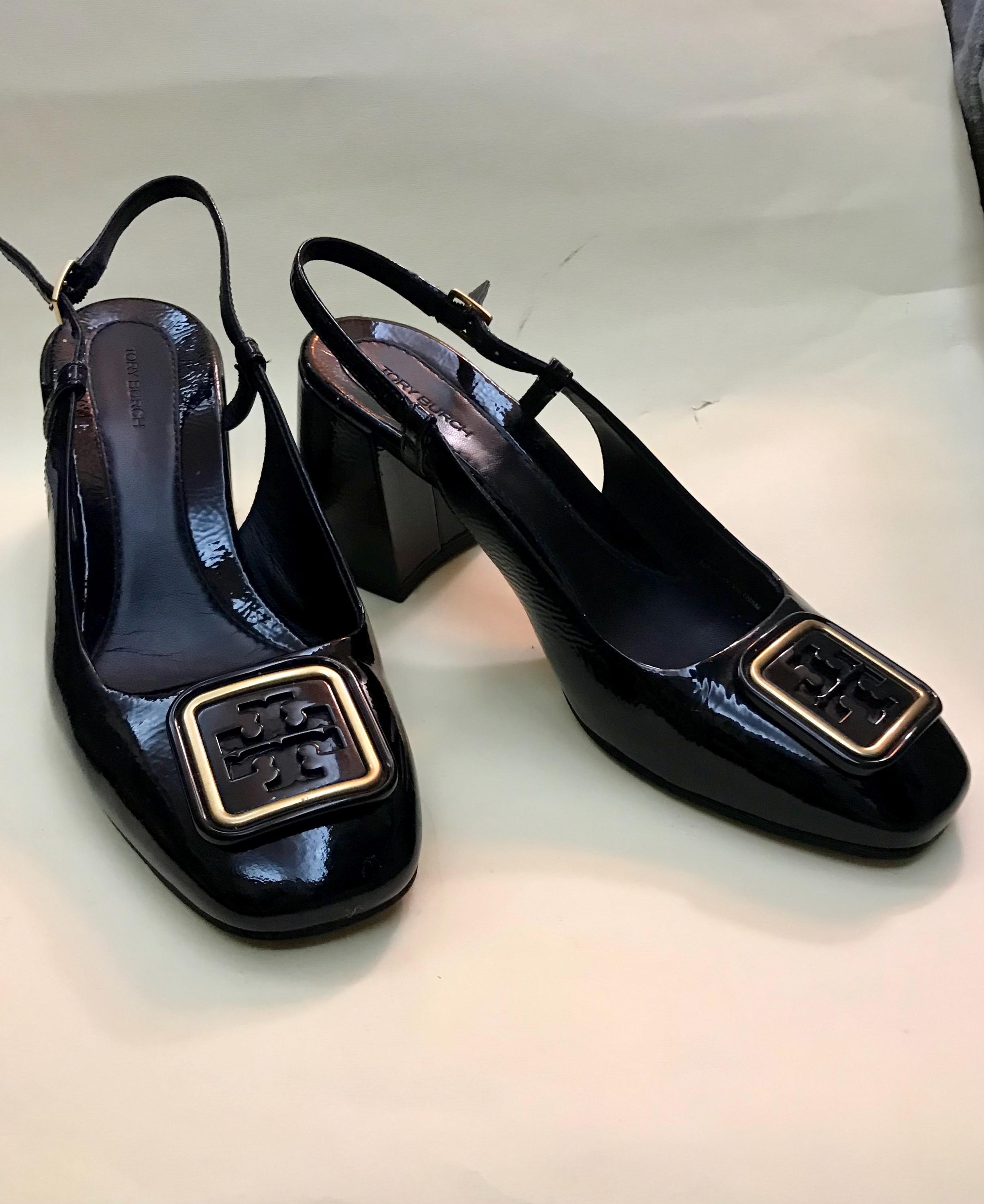 TORY BURCH BUCKLE HEEL SAMPLE Tory Burch Navy Blue Leather Gold Buckle Block Heels Open  main image 2