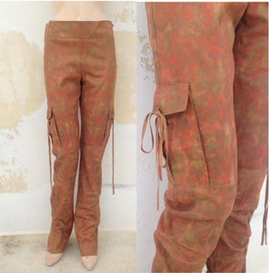 Superbe Thes Tzivelli soft leather brown/orange pants featuring abstract/distressed dyed design