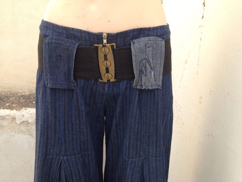 Wide leg striped pleated denim pants in gaucho style 90/'s vintage pretty novelty low waist maxi pants Along with wide elasticated belt