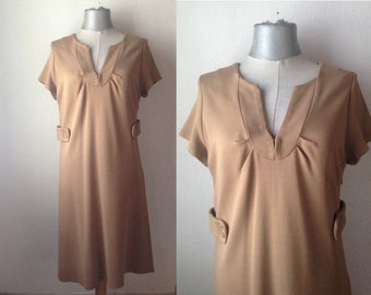 Light brown/beige mid calf 70's dress with pleated V-neckline & A-line flared skirt. Mint Condition