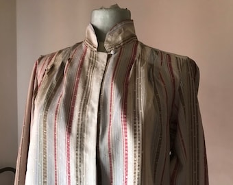 Late 70s vintage sandy beige, striped, buttoned shirt with gathered shoulders, pleated back made of soft,lightweight fabric, by Ruggeri, USA