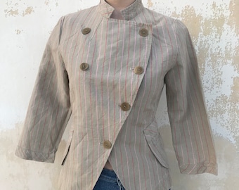 Cotélac 80s vntg double breasted blazer in terra cota beige, in tailcoat style with red striped design and shoulder pads