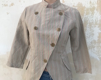 Cotélac 80er-Jahre-VNTG-Zweireiher-Blazer in Terrakota-Beige, im Frackstil mit rot gestreiftem Design und Schulterpolstern