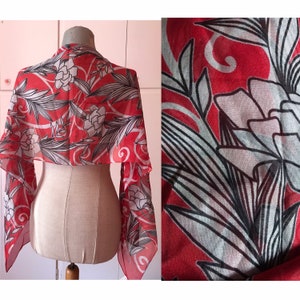 70&#39;s long, sheer, red floral scarf with bold, colorful lotus and leaf prints mixed with swirl designs