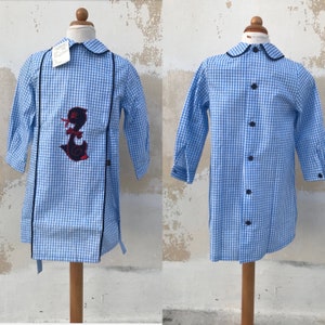 Greek School 70s checkered, belted cotton, blue nursery school uniform for 5 year old boys features Peter Pan collars, appliqué duck figure