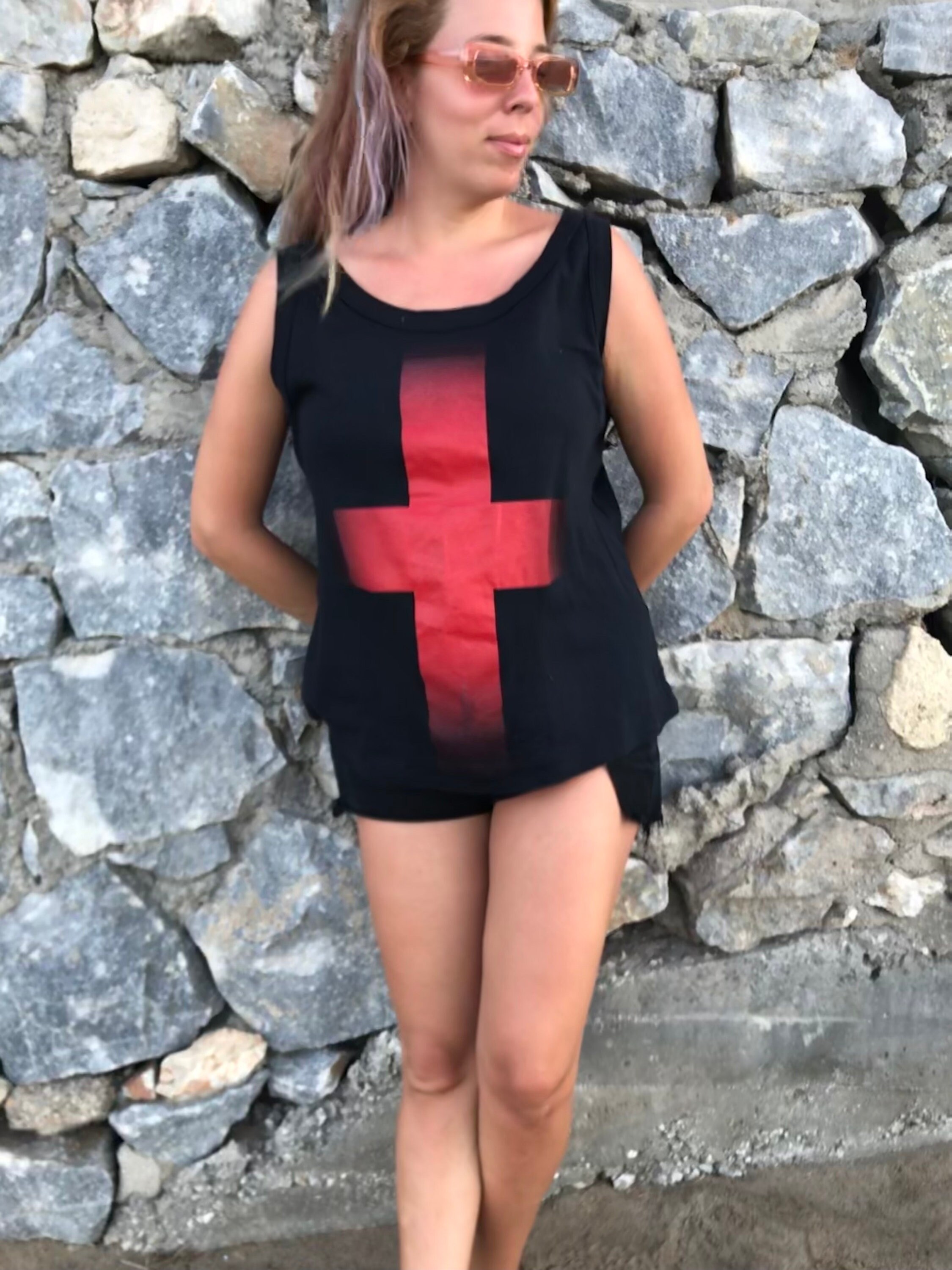 Big Cross 90's Vintage Black Tank Top With Impressive Big, Red