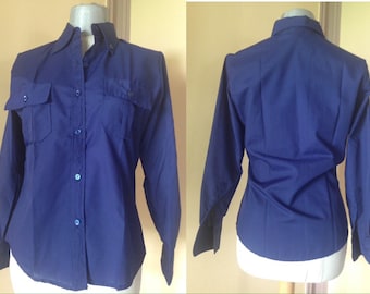 70s vintage dark blue men's shirt, with chest pockets & pointed collars, retro soft fabric button up hipster shirt
