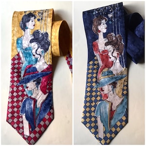 Cravatta con figure femminili, novità, colori vivaci, in seta, stile vintage anni '80/'90, kitsch, stravagante e stravagante, di Giuseppe Afrune in 2 colori diversi.