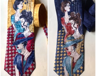 Women figures, novelty bright colored, silk 80s/90s vintage kitschy extravagant, outrageous necktie by Giuseppe Afrune in 2 different colors