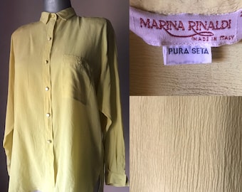 Marina Rinaldi 1980s vintage pure silk, citron yellow buttoned, shoulder padded, wrinkled blouse with one chest pocket