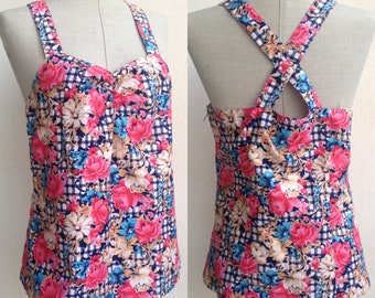 50s or 60s vintage tailor made pin up bustier/top in plum & blue featuring X back and floral prints mixed with checkered pattern