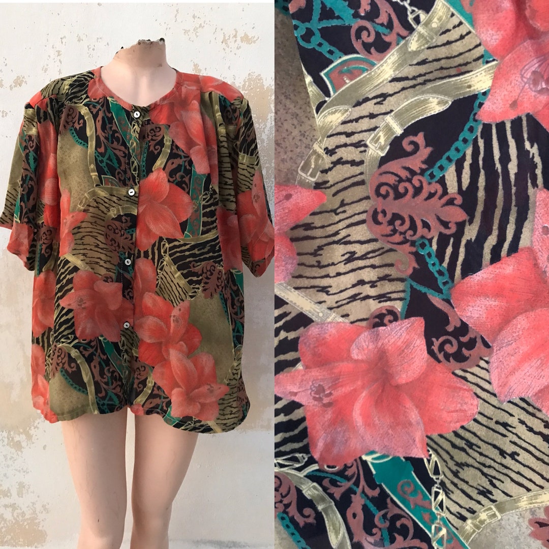 Vintage Orange Stand Collar Print Silk Shirts Summer OP1082