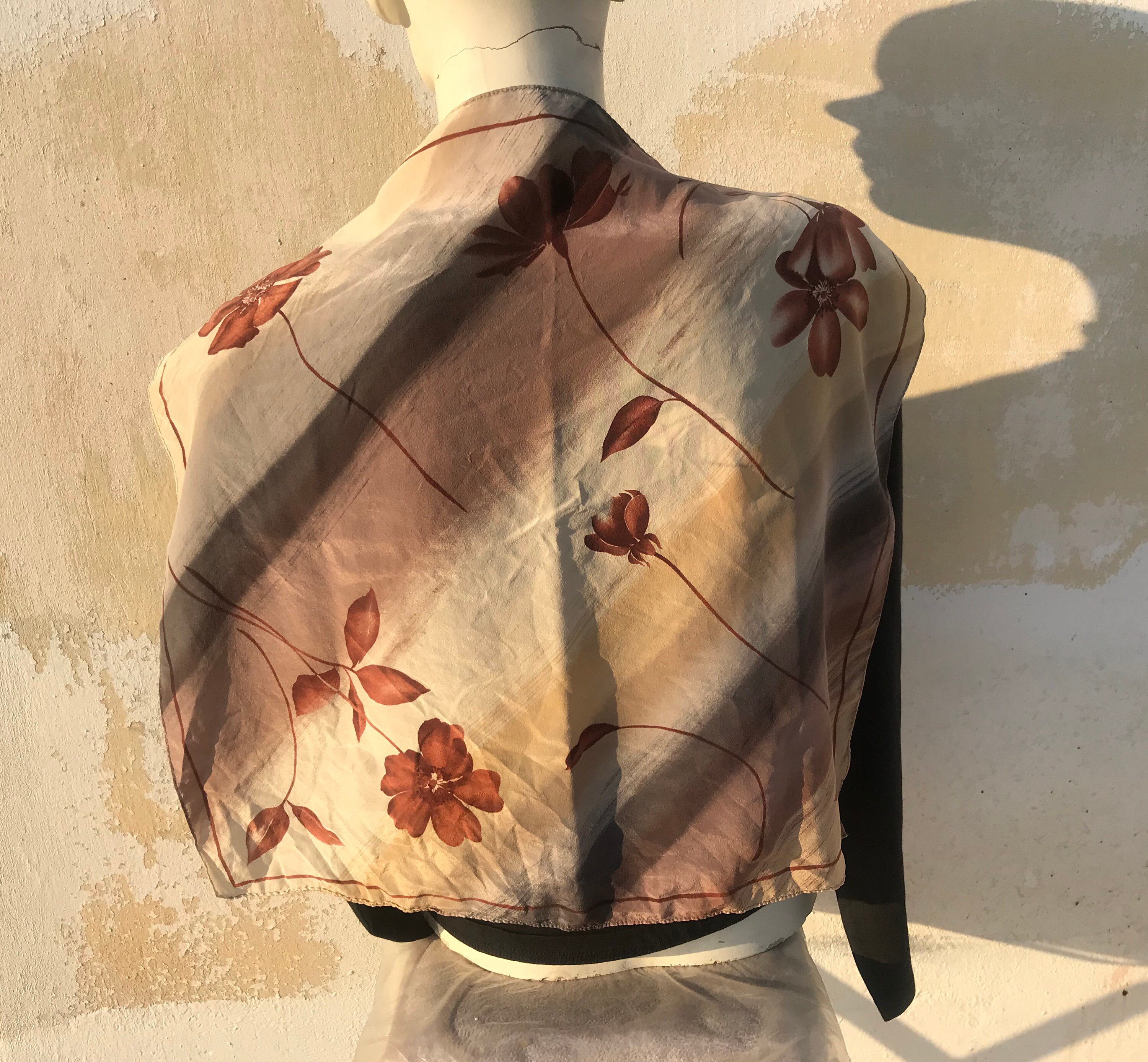 Foulard Carré En Soie Vintage Fleurs Seventies - Beige - Cadeau Femme - FO719
