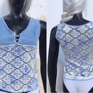 Playful half laced half blue denim cropped top from the late 90's