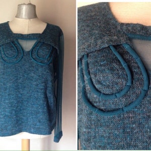 Petrol blue 90s vintage sweater for women/Long tully sleeves/square cut out neck/boobies design/Crazy cozy eccentric retro cool warm jumper
