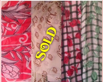 90s vintage lightweight scarves in 4 different patterns: floral scarf/Paul Frank scar/Green tulip Scarf/red tulip Scarf