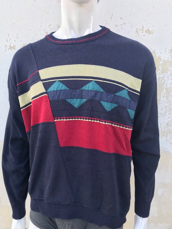 80s vintage dark blue mens retro knitted sweater/… - image 2