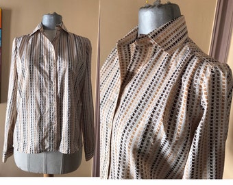 Leaf printed, pointed collared 70s vintage button up groovy, hipster chic shirt in earthly tones of brown, mocha and beige made in Swiss