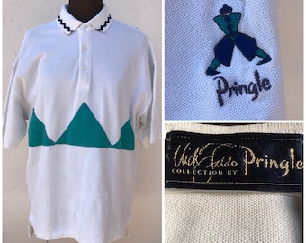 Pringle of Scotland by Nick Faldo, 80s vintage golf wear, heavy cotton polo top for men, white with green geometric designs XL size