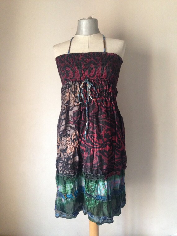 Wine red tie dye sun dress with blue spaghetti ha… - image 3