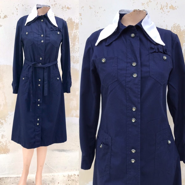 Greek high School uniform in dark blue, 1970 vintage, with double white collars, matching belt and many pockets for women, Made in Greece