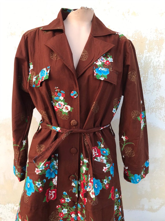 Asian, Cheongsam styled chocolate brown belted ro… - image 2