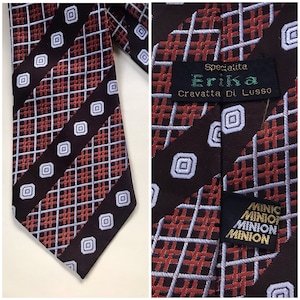 Wide 70s necktie groovy, wide, bell cravate features wide stripes, geometric designs in brown and beige