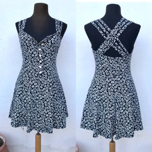 90s does 50s vintage black and white mini half buttoned dress in A-line with impressive cut out back