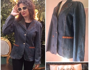 Laurèl jeans light blue denim jacket 80s/90s vintage embellished with brown embroidered, suede and studs detailing