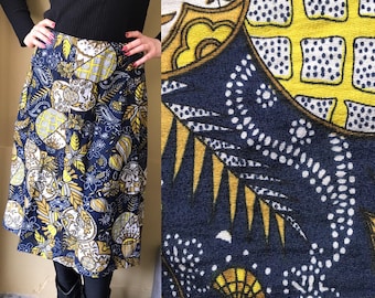 60s/70s vintage toweled A-line floaty, rounded skirt with novelty psychedelic, mixed floral/geometric pattern