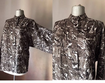 Georges Rech, Paris, mao collared loose anthrax/charcoal gray novelty, modernist buttoned shirt, features abstract, swirl, designs 80s vntg